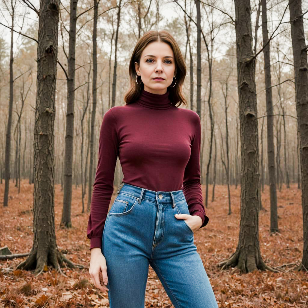 Confident Woman in Serene Forest with Autumn Leaves