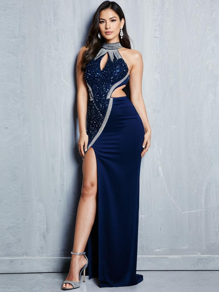 Elegant Navy Blue Evening Gown with Silver Embellishments and Thigh-High Slit