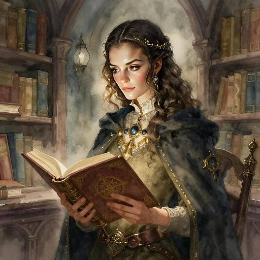 Medieval Fantasy Woman Reading Ancient Book in Library Digital Painting