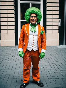 Man in Colorful Oompa Loompa Costume with Green Wig and Orange Suit
