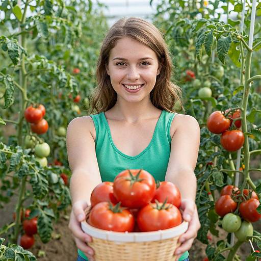 Woman Holding Basket of Fresh Ripe Tomatoes in Garden