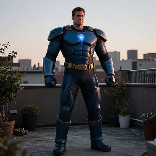 Man in Blue Futuristic Armored Suit on Rooftop with City Skyline