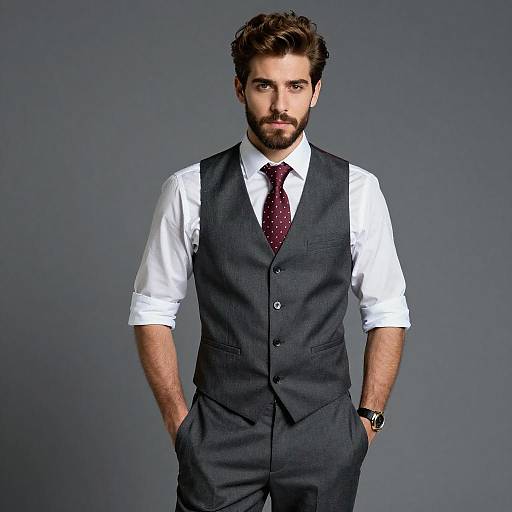 Young Man in Grey Suit Vest with Burgundy Tie Fashion Portrait