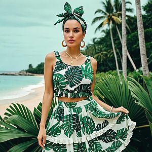 Woman in Tropical Leaf Print Two-Piece Outfit on Beach