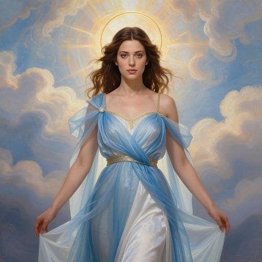 Heavenly Woman in Flowing Blue and White Gown with Golden Halo