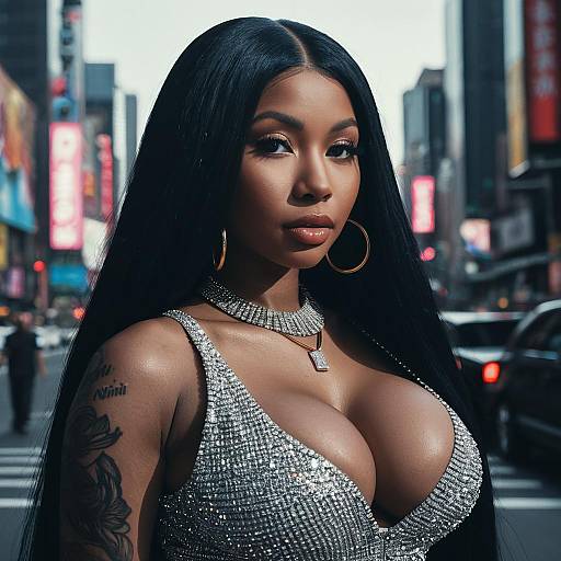 Glamorous Woman in Silver Dress with Long Hair in Urban Cityscape