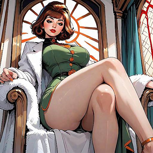 Confident Woman in Green Dress Relaxing in Ornate Armchair Comic Art