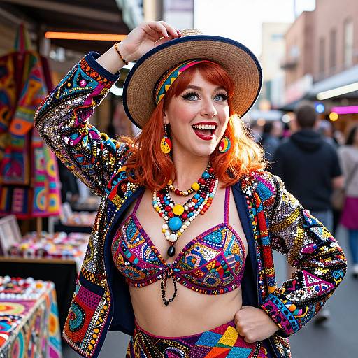 Colorful Bohemian Woman in Patterned Outfit at Outdoor Market