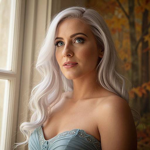 Portrait of Woman with Platinum Blonde Hair in Elegant Blue Dress by Window
