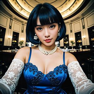 Elegant Woman in Blue Satin Dress with Pearl Jewelry in Classic Interior