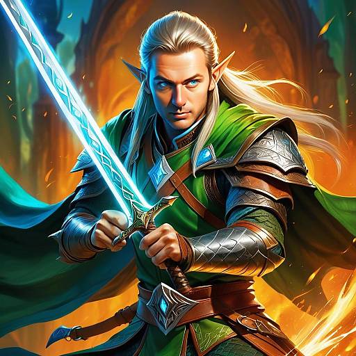Elven Warrior with Glowing Sword in High Fantasy Armor