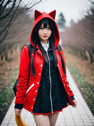 Cosplay of Asakura Karen from Heaven Burns Red in Red Cat-Eared Hoodie