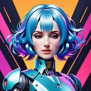 Futuristic Humanoid Robot with Blue and Purple Hair