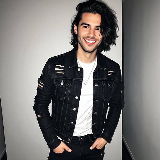 Smiling Young Man in Distressed Black Denim Jacket Casual Style
