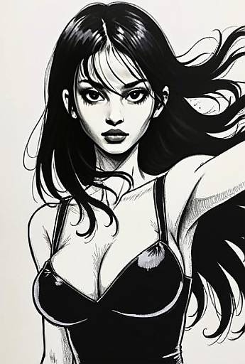 Manga Style Illustration of Woman with Flowing Hair in Black and White