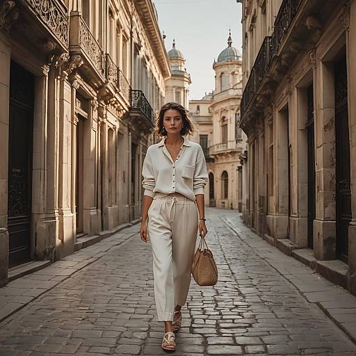 Stylish Woman Walking on Historic Cobblestone Street in Neutral Outfit