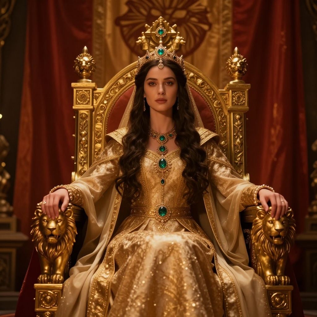 Regal Woman in Gold Gown on Ornate Throne with Emerald Jewels