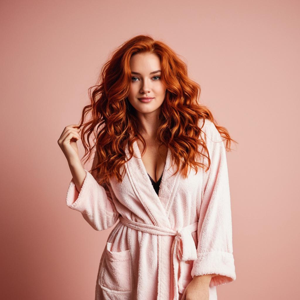 Redhead Woman in Cozy Pink Bathrobe with Wavy Hair on Pink Background Redhead Woman in Cozy Pink Bathrobe with Wavy Hair on Pink Background