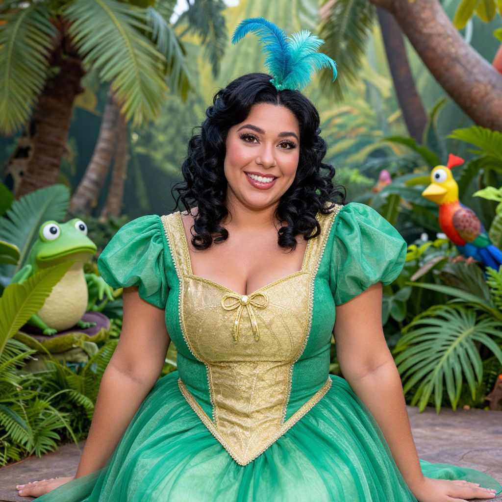 Smiling Woman in Green Princess Costume with Tropical Fairytale Background
