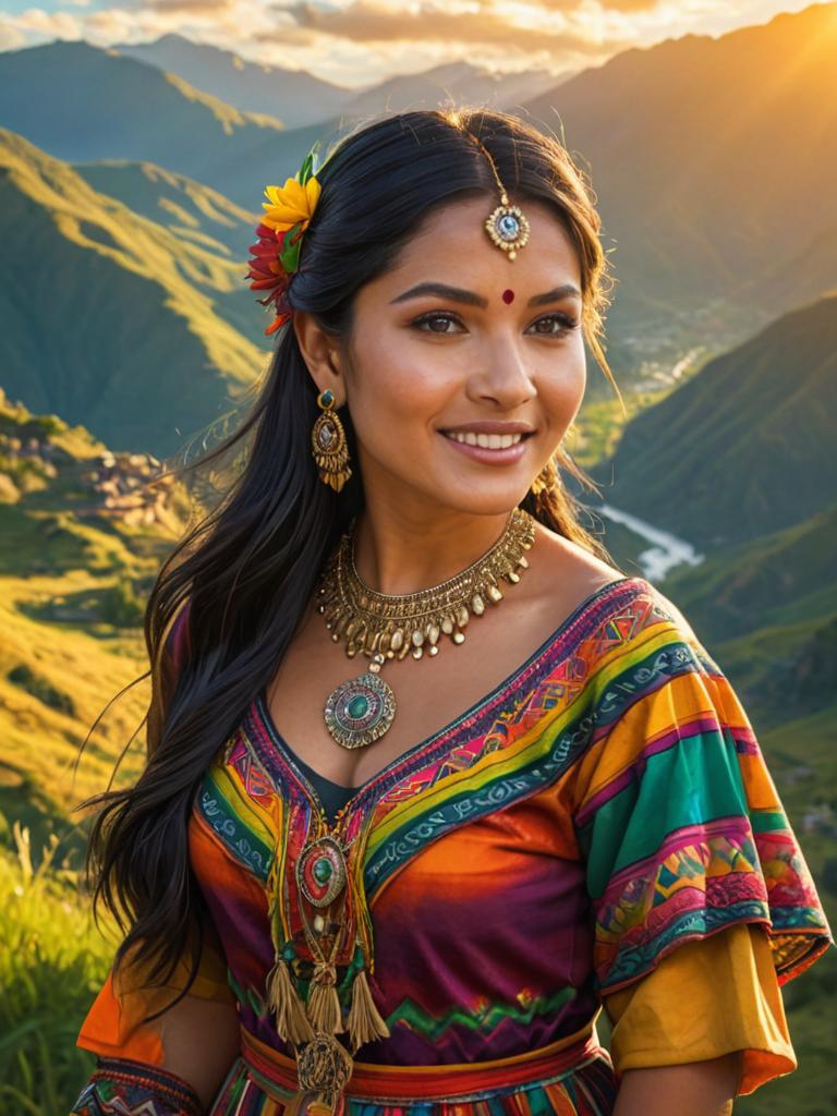 Radiant Peruvian Woman in Traditional Attire at Sunset