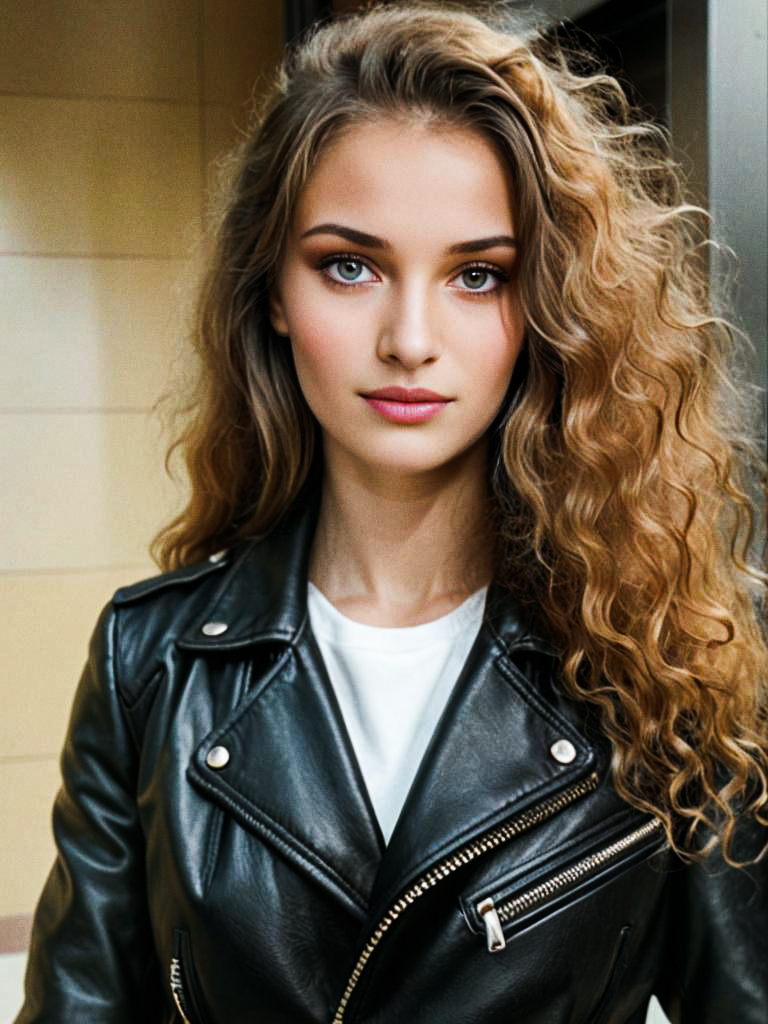 Confident Young Woman in Black Leather Jacket