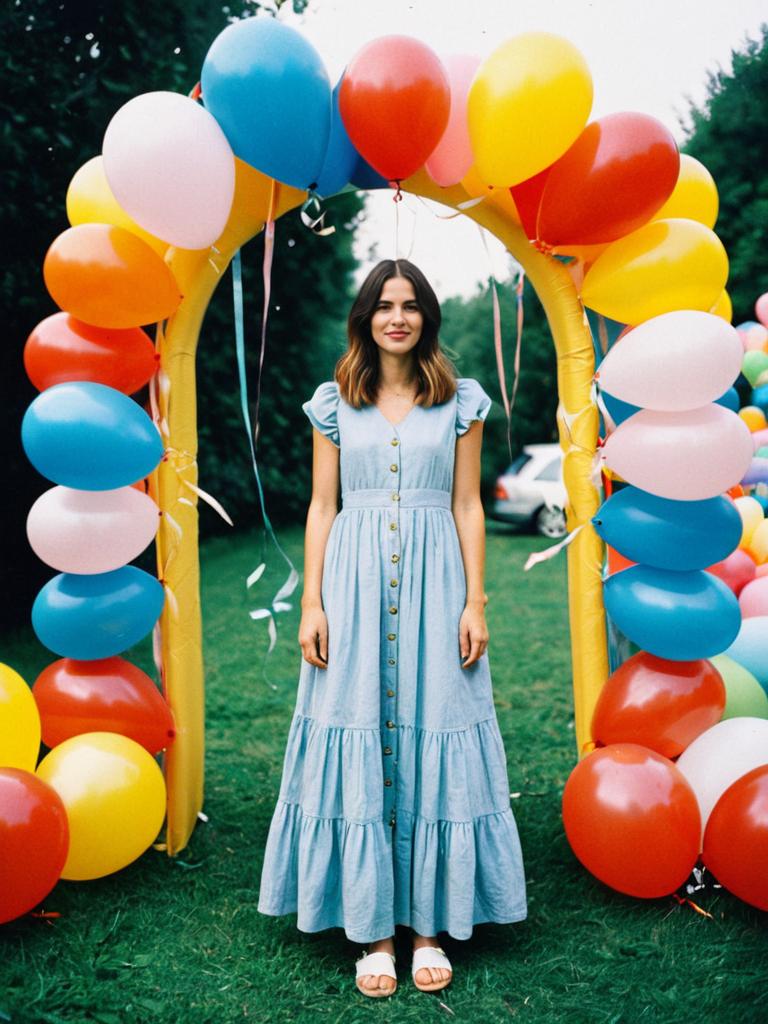Woman in Blue Dress Standing Under Colorful Balloon Arch Outdoors