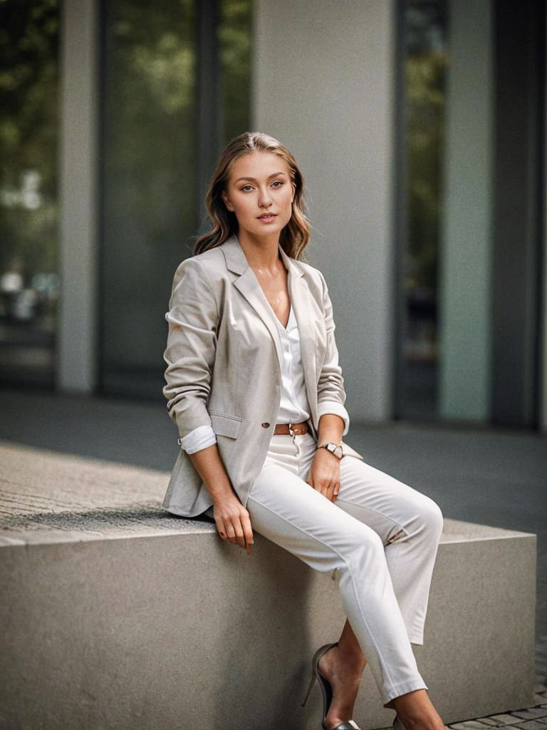 Confident Woman in Beige Blazer Sitting in Urban Setting Confident Woman in Beige Blazer Sitting in Urban Setting