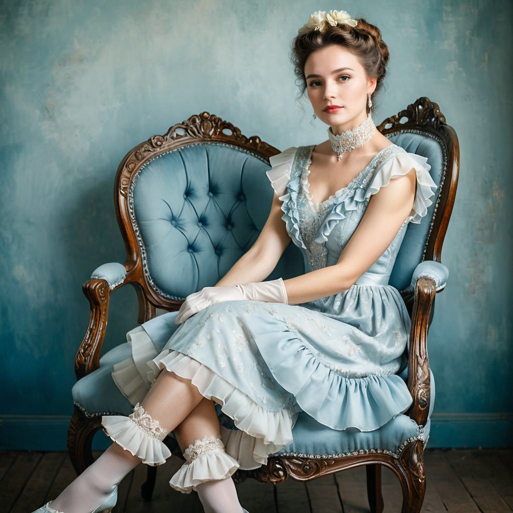 Young Woman in Vintage Blue Dress on Armchair