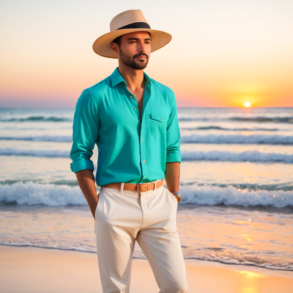 Stylish Man on Beach at Sunset