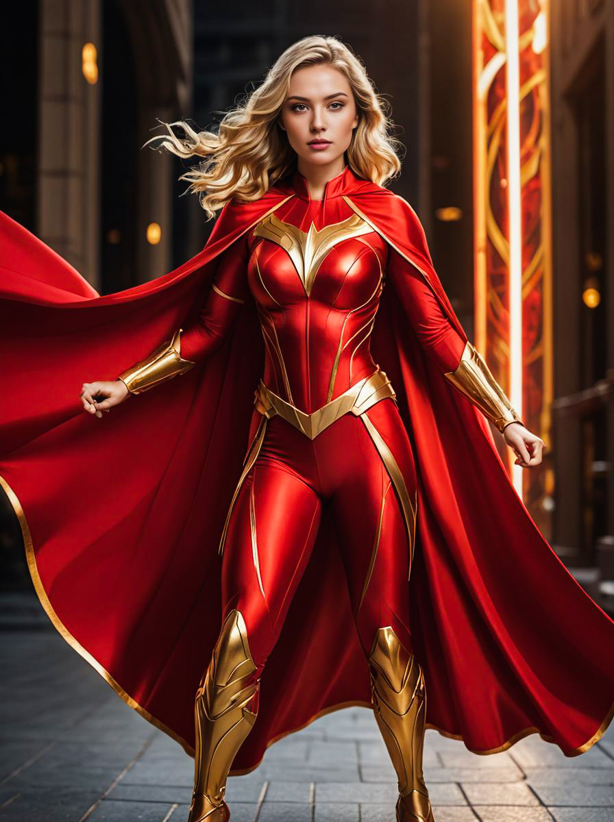 Powerful Woman in Red Superhero Costume