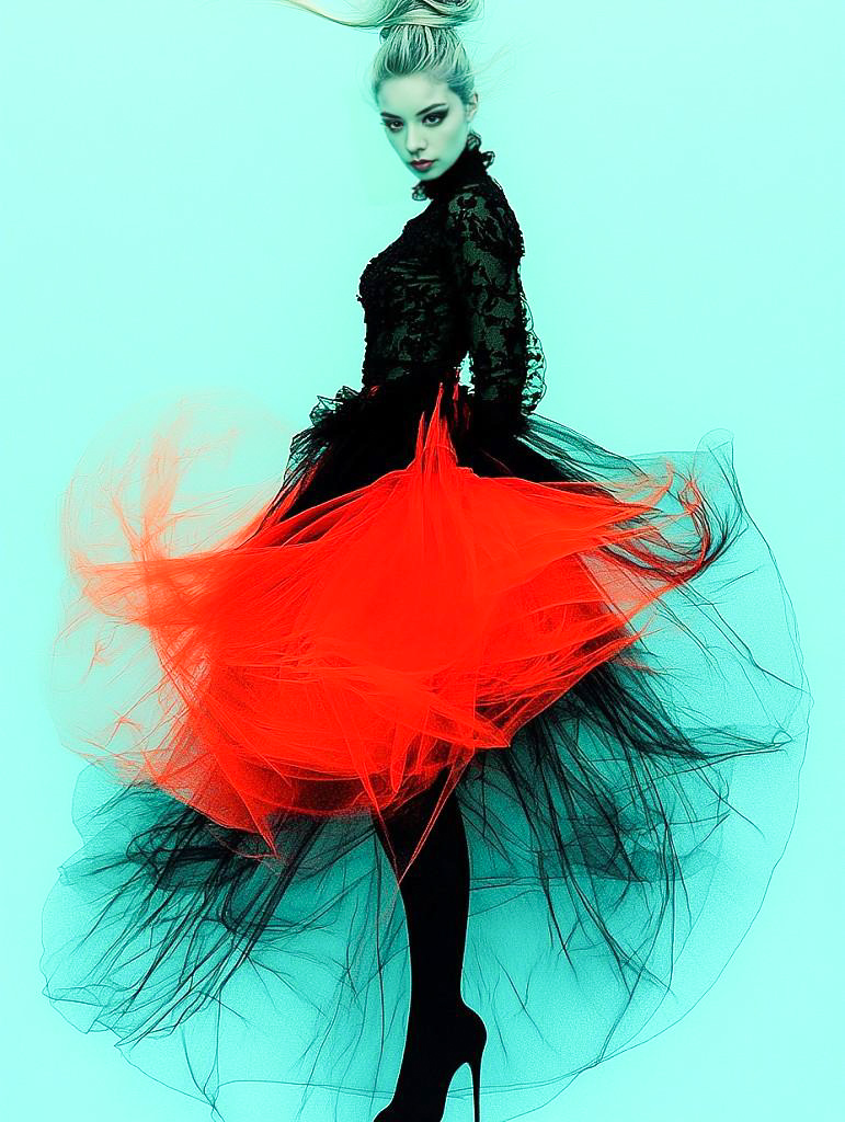 Elegant Fashion Model in Black and Red Tulle Dress