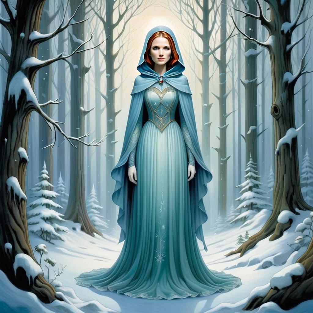 Woman in Blue Gown in Snowy Forest