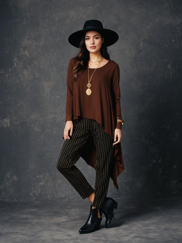 Bohemian Casual Woman in Brown Asymmetric Tunic Top with Draped Side and Pinstriped Pants