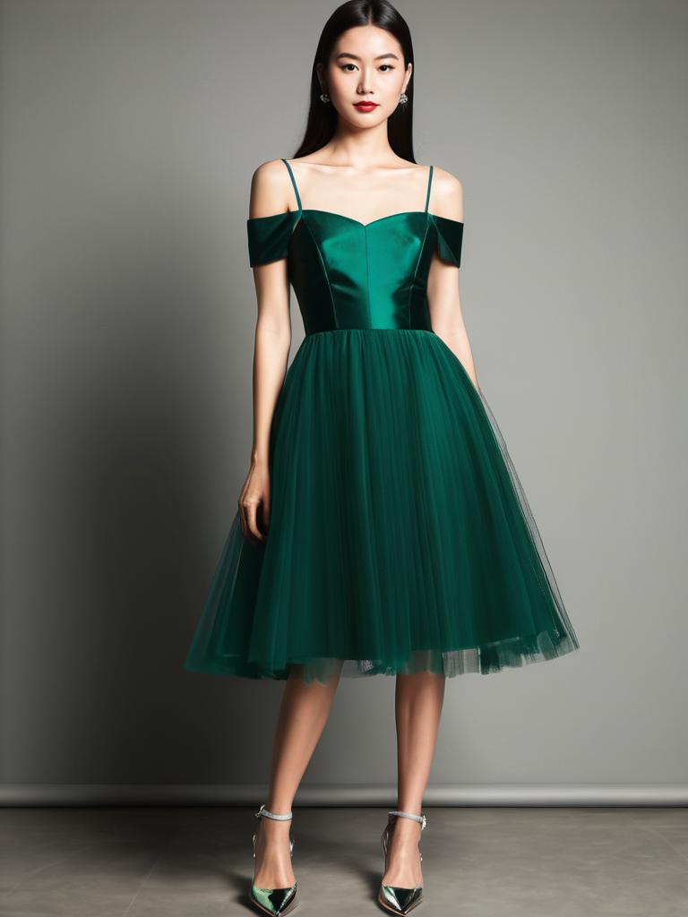 Elegant Green Off-Shoulder Cocktail Dress on Woman