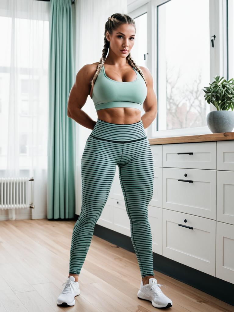 Fit Woman in Mint Green Athletic Wear Posing in Modern Kitchen