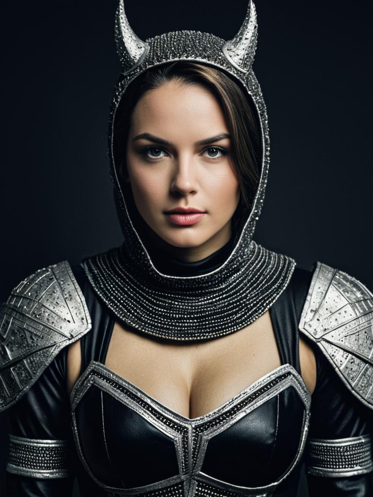 Photorealistic Woman in Detailed Medieval Horned Armor Costume Studio Portrait