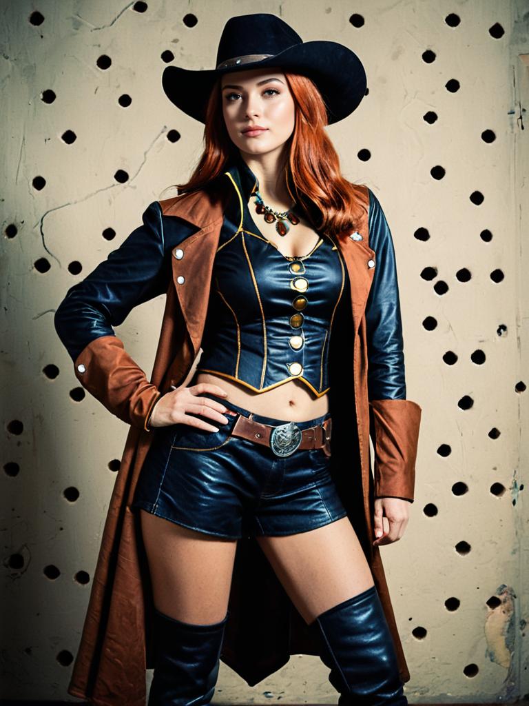 Modern Western Woman in Leather Cowboy Outfit with Hat and Boots