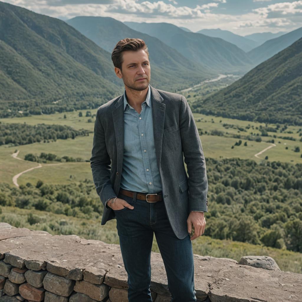 Thoughtful Man on Stone Wall with Mountain Landscape