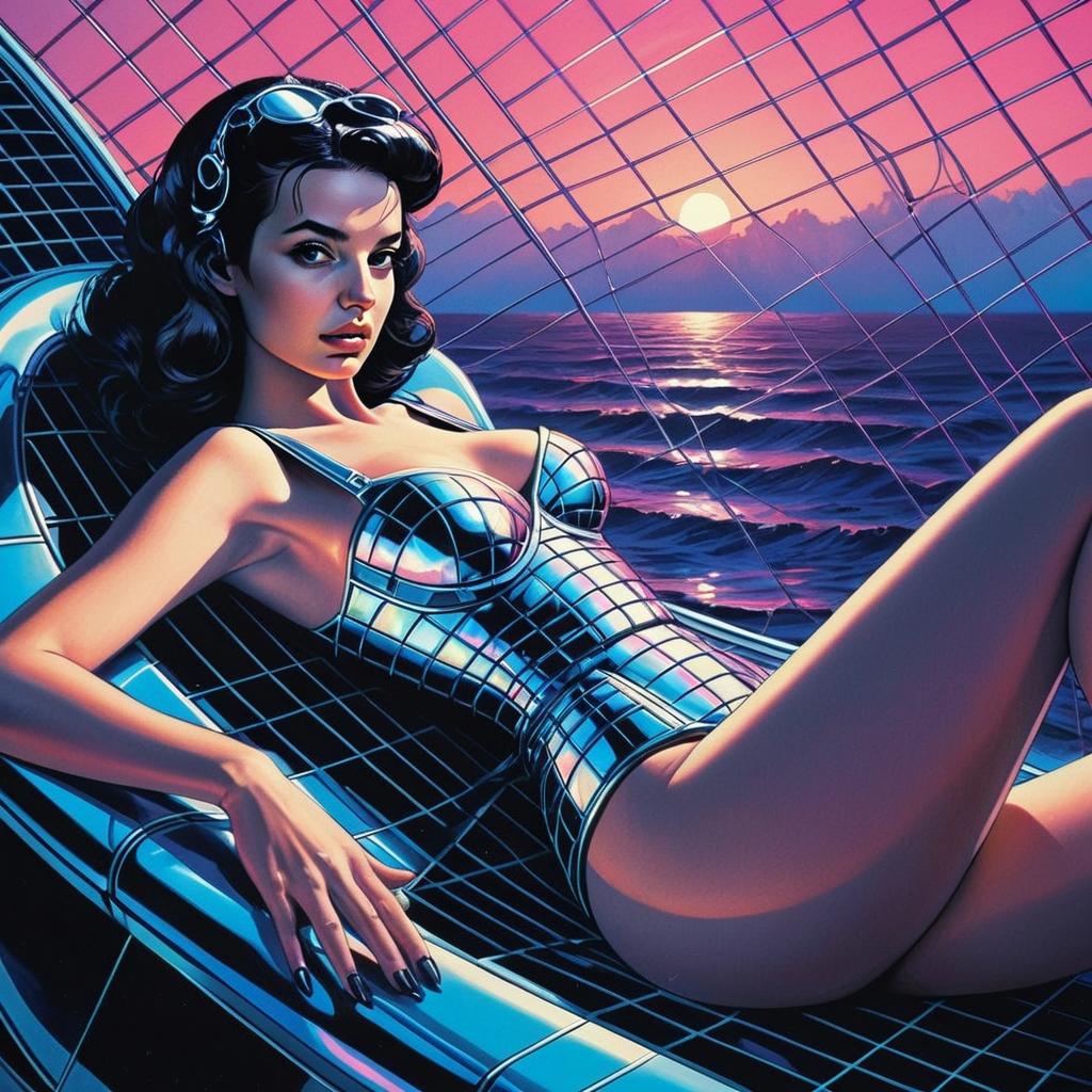 Retro Futuristic Woman Relaxing in Synthwave Style at Sunset