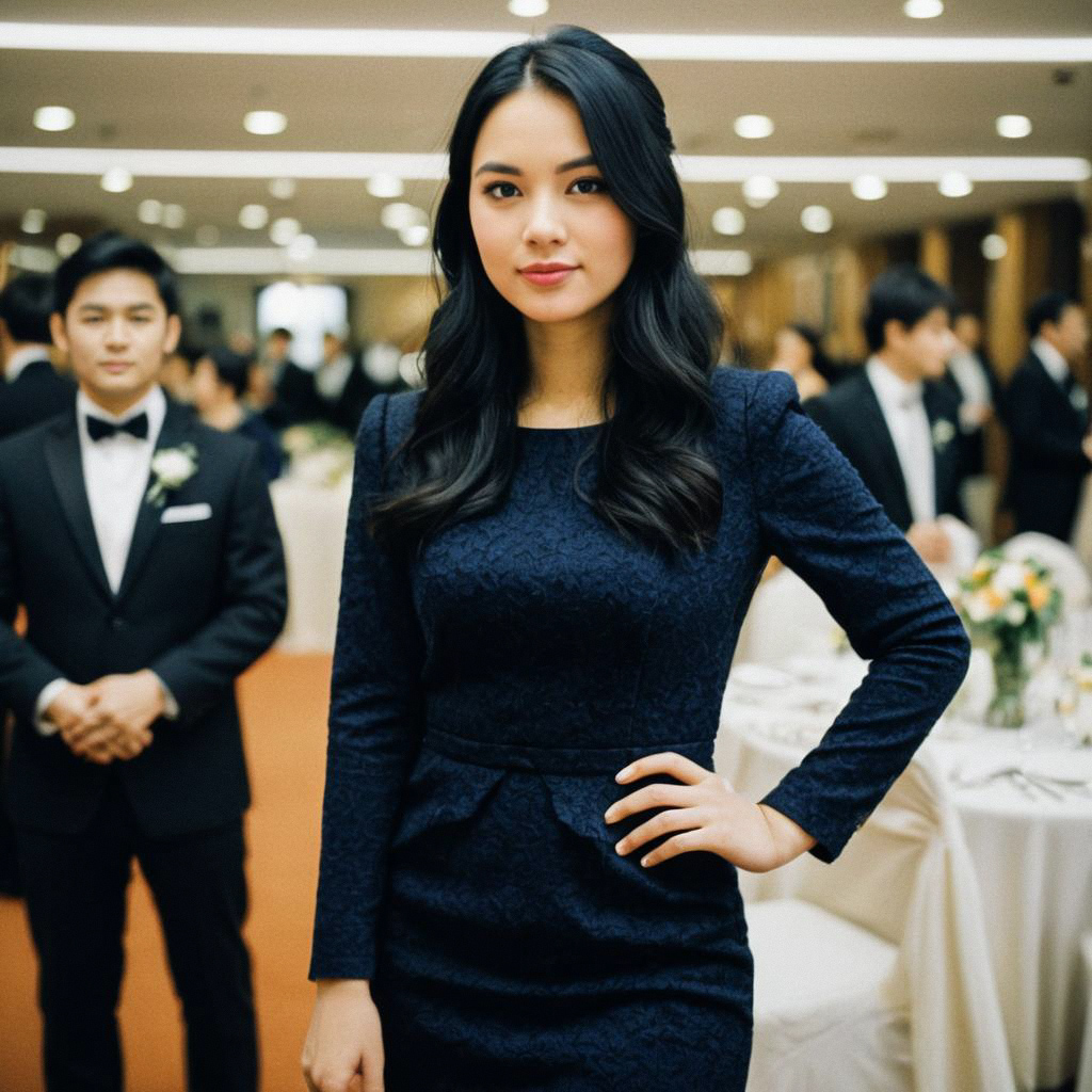 Elegant Woman in Navy Lace Dress at Wedding Reception Elegant Woman in Navy Lace Dress at Wedding Reception