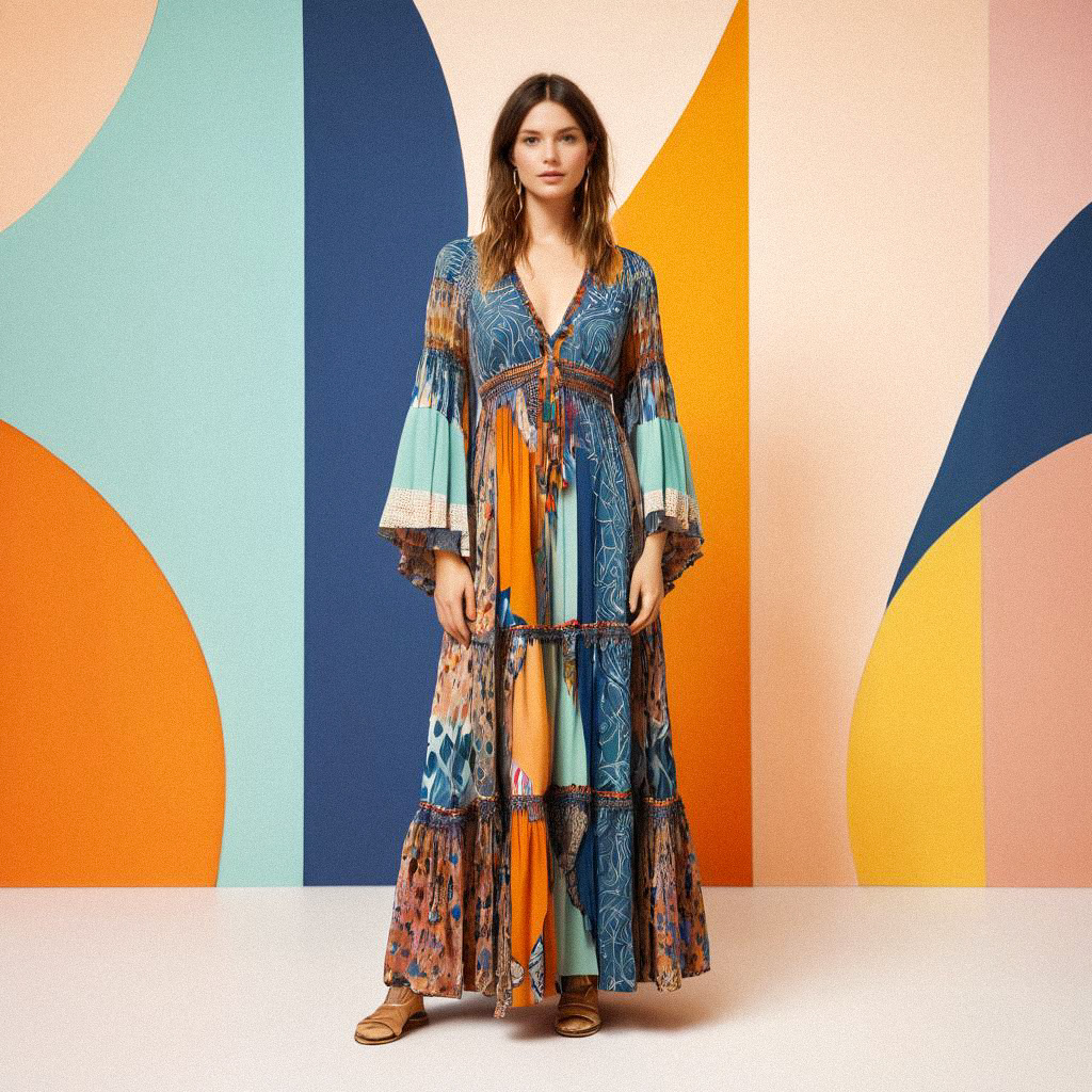 Confident Woman in Patterned Dress Against Abstract Background