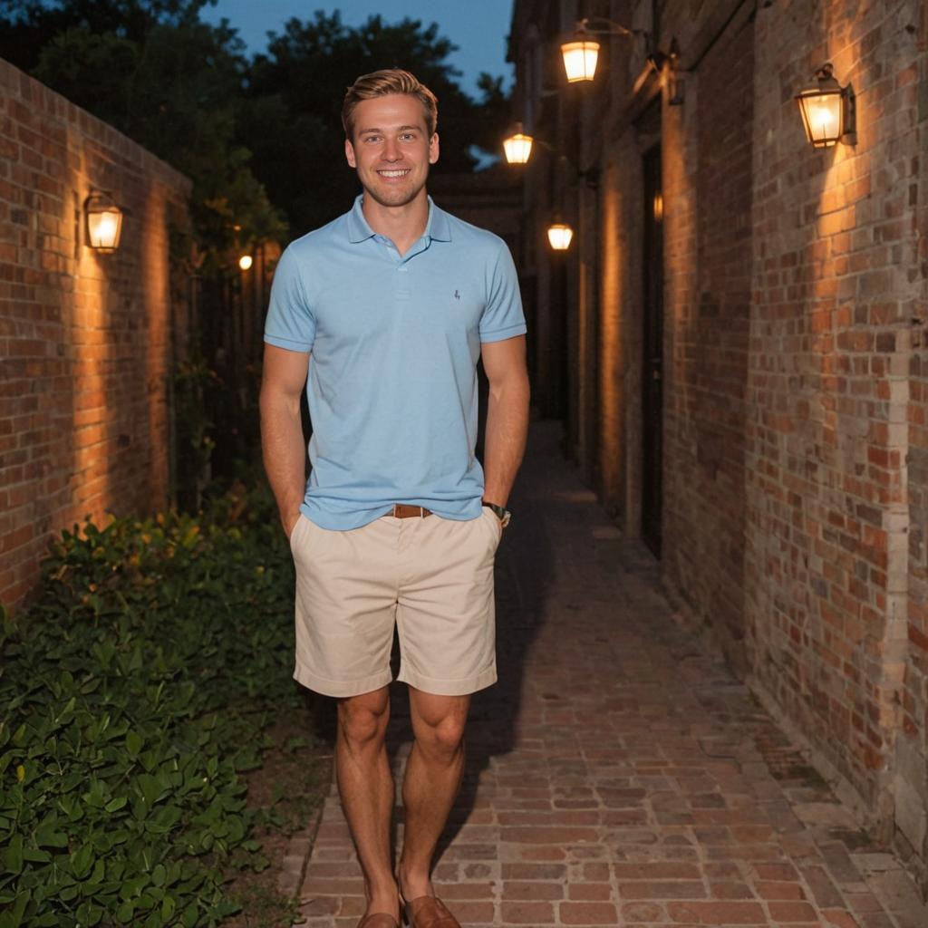 Man in Casual Attire in Brick Alleyway