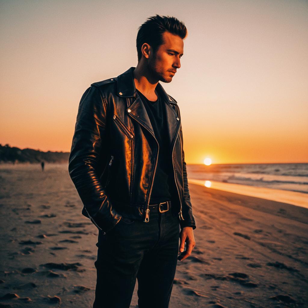 Contemplative Man in Leather Jacket on Beach at Sunset