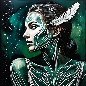 Ethereal Woman with Intricate Face Paint and Feather Digital Art