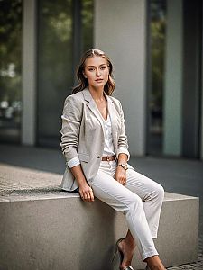 Confident Woman in Beige Blazer Sitting in Urban Setting