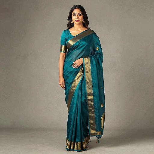 Elegant Woman in Traditional Teal Saree with Gold Border