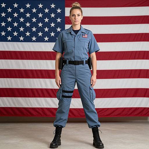 Woman in Tactical Uniform Standing Confidently in Front of American Flag