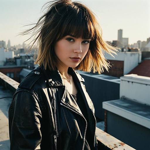 Young Woman in Black Leather Jacket on Urban Rooftop at Sunset