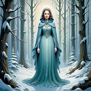 Woman in Blue Gown in Snowy Forest