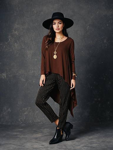 Bohemian Casual Woman in Brown Asymmetric Tunic Top with Draped Side and Pinstriped Pants